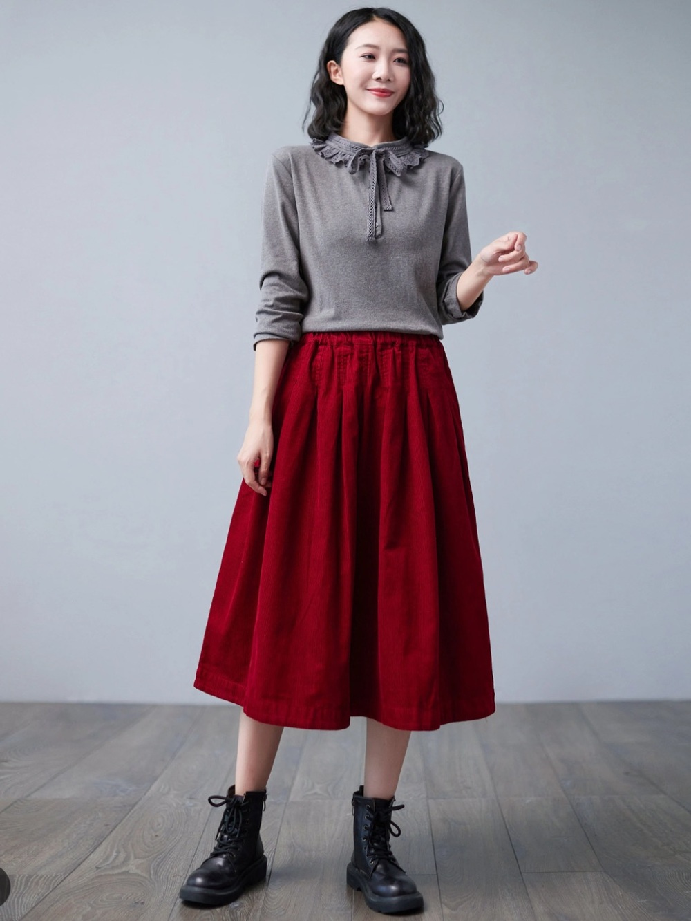 Lands' End Vintage Corduroy Red Midi Gathered Skirt Size 12P